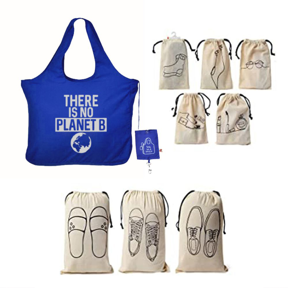 travel-combo-with-1-foldable-microfiber-tote-bagblue-5-cotton-travel-pouches-and-3-shoe-cover-for-travel-storage-pack-of-9