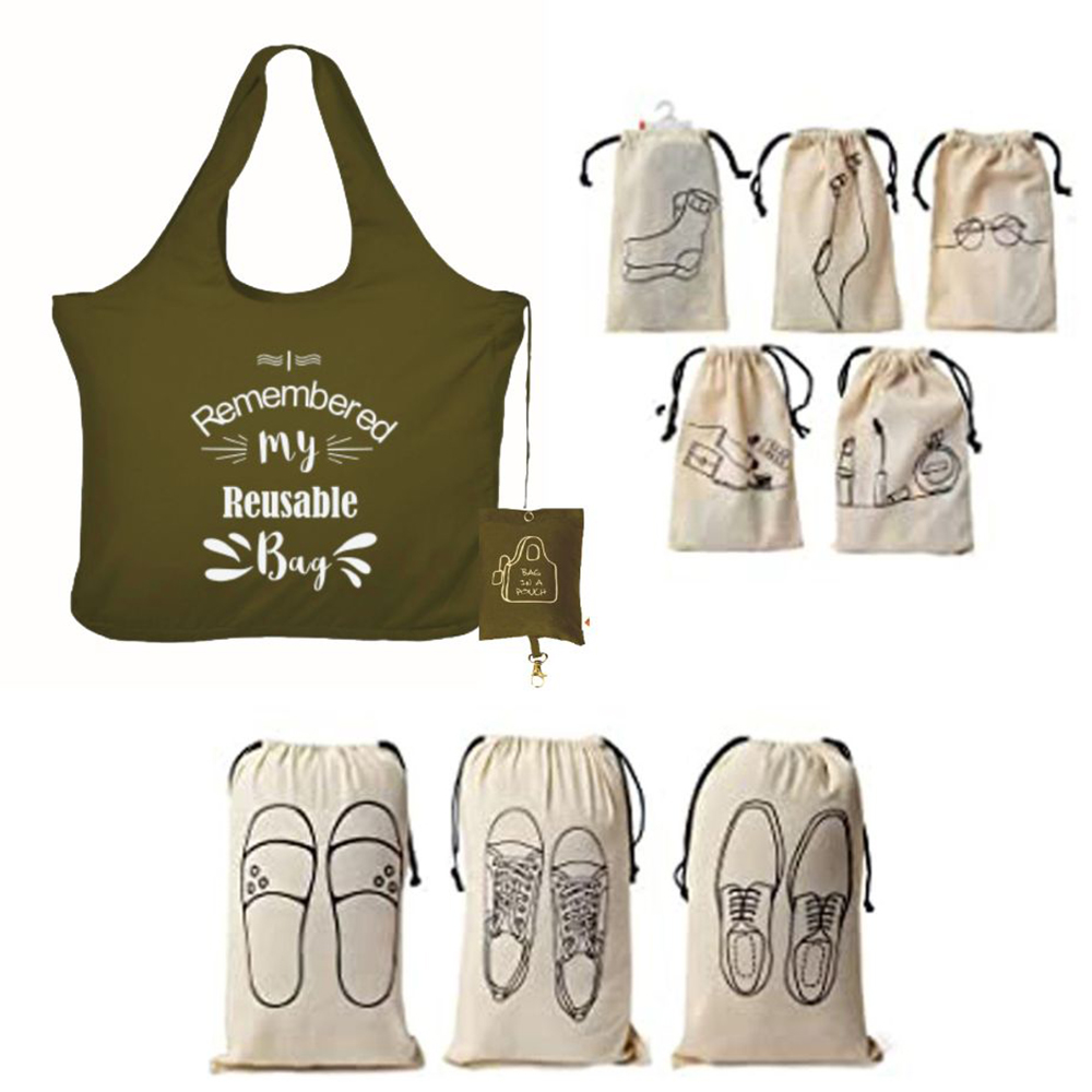 travel-combo-with-1-foldable-microfiber-tote-baggreen-5-cotton-travel-pouches-and-3-shoe-cover-for-travel-pack-of-9