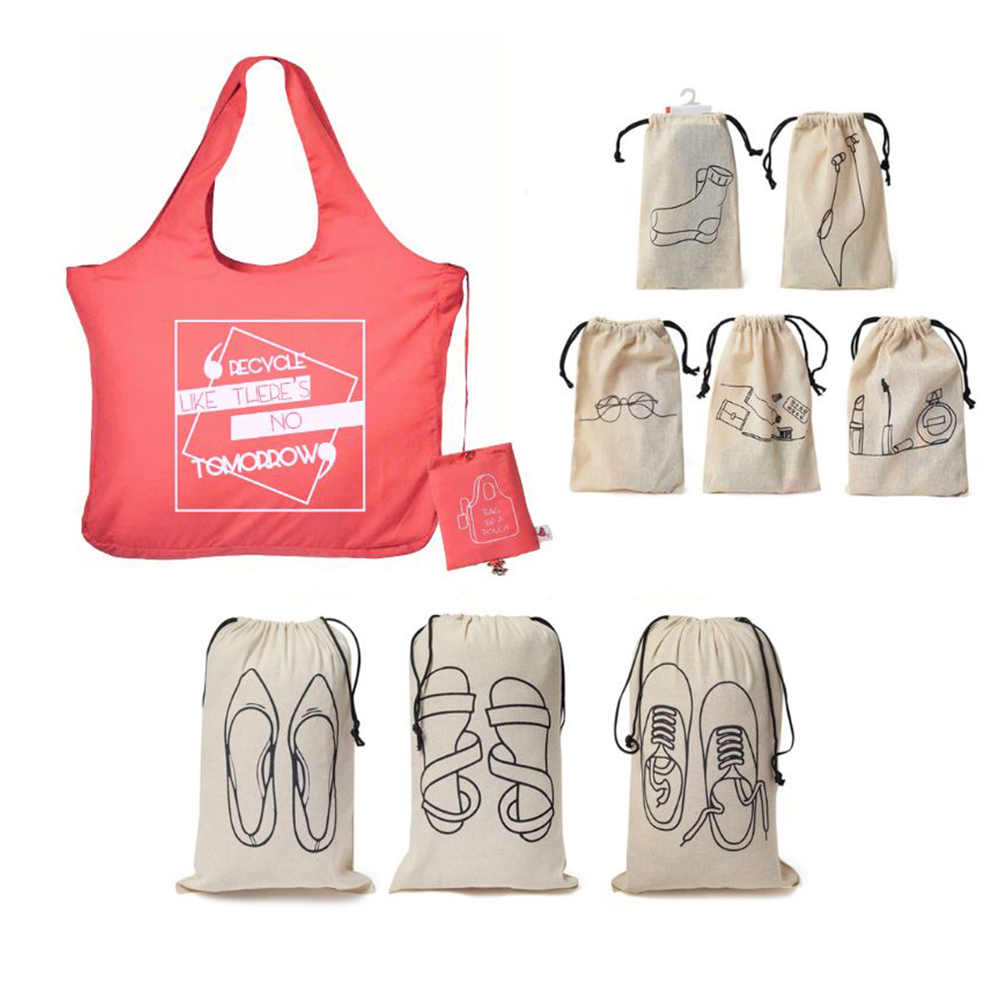 1-foldable-microfiber-tote-bagpink-5-cotton-travel-pouches-and-3-shoe-cover-for-travel-home-storage-pack-of-9